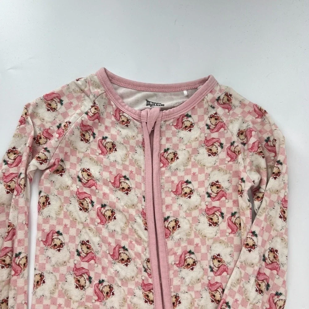 Dream Big Little Co Pink Santa Checkered Bamboo Kitsch Pajamas 3T Vintage Toile